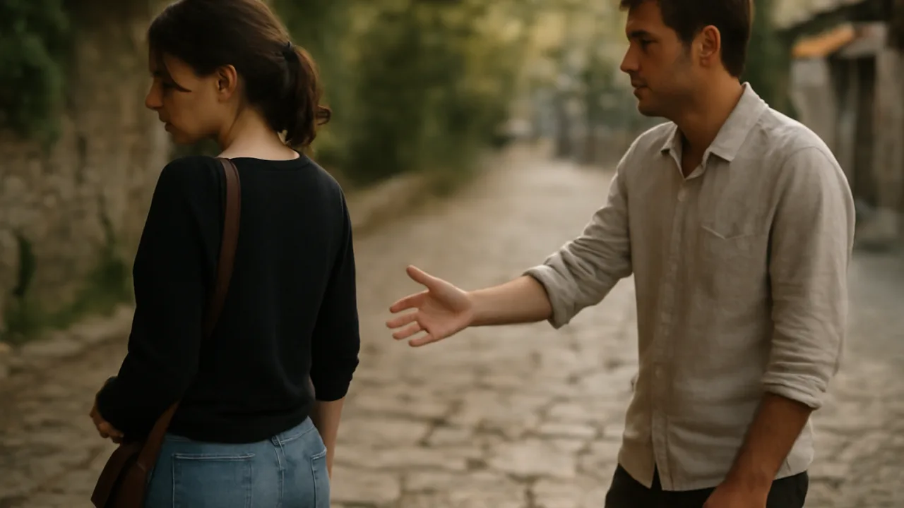 Amasya’da taş bir yolda geçip giden iki kişinin, biri mesafeyi korurken diğerinin tereddütlü bir jest yaptığı gerçekçi bir sokak fotoğrafı; üst orta bölgede sade bir boşluk var.