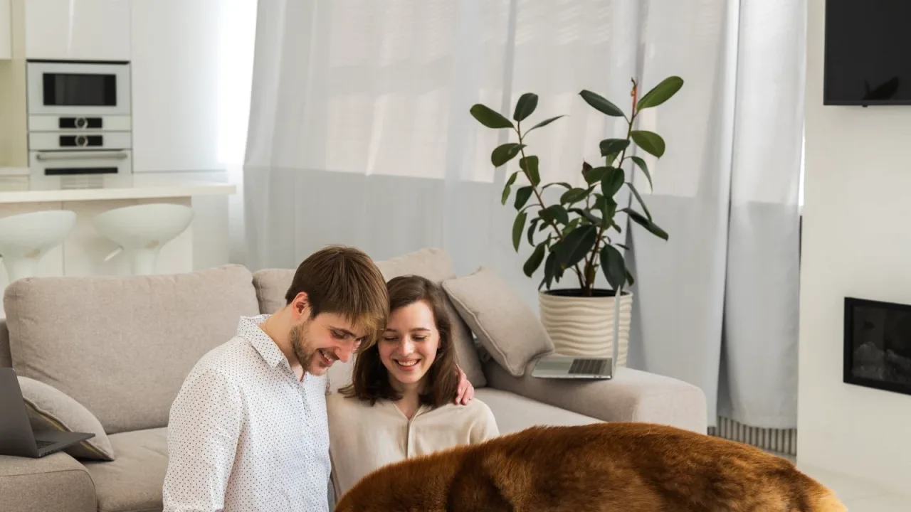 Salonda köpekleriyle oturan çift